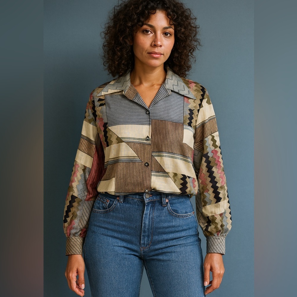 Vintage 70s Graff Californiawear Geometric Print Button-Down Blouse Disco Shirt